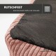 Nahaufnahme eines strukturierten rosa Haustierbettes mit einer schwarzen rutschfesten Unterseite und dem Text "RUTSCHFEST dank Anti-Rutsch-Stoff."