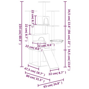 Katzenturm-Design mit mehreren Ebenen, in cm und Zoll beschrifteten Dimensionen, mit einer Rampe, einer Schüssel und geschlossenen Räumen.