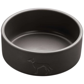 Schwarze Keramik-Hundeschüssel mit einer subtilen, geprägten Silhouette eines Hundes an der Seite.