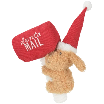 Beiges Plüschhundespielzeug mit roter Weihnachtsmannmütze, das einen roten Block hält, auf dem „Santa MAIL" gestickt ist; mit weißem Seil