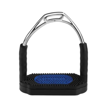 Ein schwarzer und silberner Steigbügel mit einer strukturierten Gummifußplatte und ergonomischen Griffen, mit dem Markennamen "SPRINGER" in Blau.