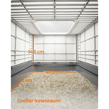Innenansicht einer Haustiertrage mit Abmessungen: Höhe 34,5 cm, Breite 40,5 cm, Tiefe 50 cm, mit Bettmaterial im Inneren.