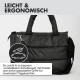 Schwarze ergonomische Haustiertragetasche mit verstellbarem gepolstertem Schultergurt und weichen Griffen, deutscher Text beschreibt Komfortmerkmale.