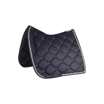 Navyblaue, gesteppten Sattelunterlage mit einem Diamantmuster und dekorativem goldenen Rand, entworfen für den Reitsport.