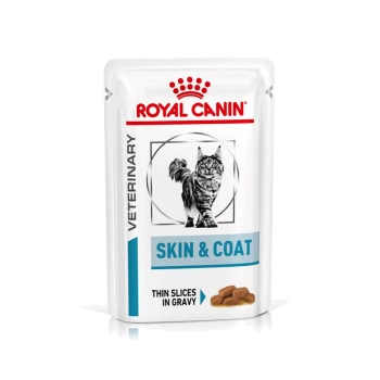 Royal Canin veterinär Katzenfutterbeutel mit der Aufschrift "Haut & Fell", mit einer Grafik einer grauen getigerten Katze, mit dem Text "Dünne Scheiben in Soße."