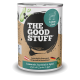 Dose Tierfutter mit der Aufschrift THE GOOD STUFF – Lamm mit Zucchini & Apfel, Lamm-Symbol sowie Österreich- und Deutschlandflaggen.