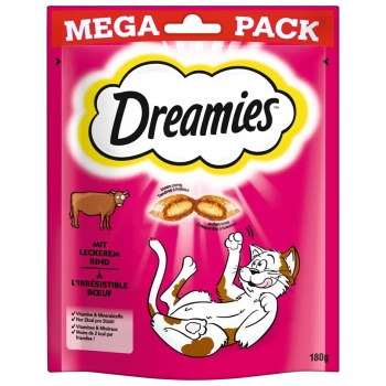 Rosa Verpackung von Dreamies-Katzenleckerlis, mit einer verspielten Katze und einer Kuh, mit Text, der 'Mega Pack' und 'Mit leckerem Rind' hervorhebt.