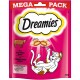 Różowe opakowanie przysmaków dla kotów Dreamies, z figlarnym kotem i krową, z tekstem podkreślającym "Mega Pack" i "Mit leckerem Rind."