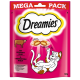 Rosa Verpackung von Dreamies-Katzenleckerlis, mit einer verspielten Katze und einer Kuh, mit Text, der 'Mega Pack' und 'Mit leckerem Rind' hervorhebt.
