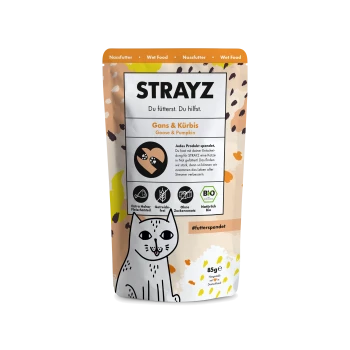 STRAYZ Nassfutterbeutel für Katzen, 'Gans & Kürbis' (Gans & Kürbis), 85 g, Katzenillustration und Text 'Du fütterst. Du hilfst.'