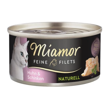 Feine Filets Naturelle Huhn und Schinken 24x80 g Dose Katzenfutter mit der Aufschrift "Miamor Feine Filets" mit Huhn- und Schinken-Geschmack, mit einer weißen Katze auf dem Etikett und dem Text "100% Filet".