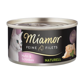 Dose Katzenfutter mit der Aufschrift "Miamor Feine Filets" mit Huhn- und Schinken-Geschmack, mit einer weißen Katze auf dem Etikett und dem Text "100% Filet".