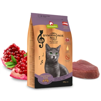 Trockenfutter Katze, Adult, Symphonie, Thunfisch 300 g Katze-Futterverpackung, beschriftet mit 'GranataPet Symphonie Nr. 1', mit Thunfisch, Granatapfel und einem Stück rohem Fisch, 300g.