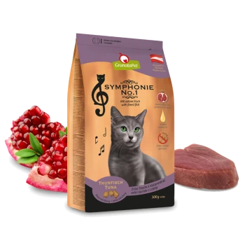 Katze-Futterverpackung, beschriftet mit 'GranataPet Symphonie Nr. 1', mit Thunfisch, Granatapfel und einem Stück rohem Fisch, 300g.