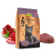 Katze-Futterverpackung, beschriftet mit 'GranataPet Symphonie Nr. 1', mit Thunfisch, Granatapfel und einem Stück rohem Fisch, 300g.