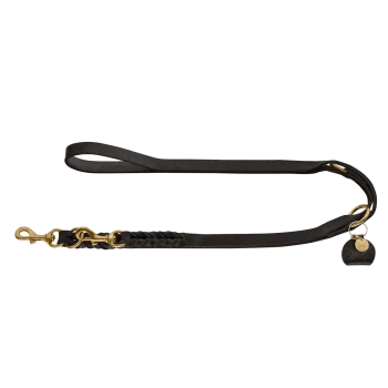 Schwarze geflochtene Hundeleine mit goldenen Beschlägen und einem runden Anhänger, die ein elegantes Design für Haustierbesitzer zeigt.