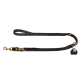 Schwarze geflochtene Hundeleine mit goldenen Beschlägen und einem runden Anhänger, die ein elegantes Design für Haustierbesitzer zeigt.