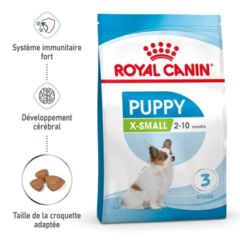 Sac de nourriture pour chiots Royal Canin Puppy X-Small pour les chiots de 2 à 10 mois, avec des icônes pour le soutien immunitaire, le développement cérébral et une taille de croquette adaptée.