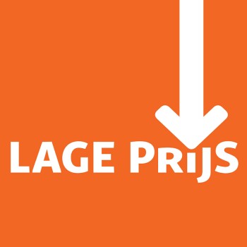 Oranje achtergrond met witte tekst "LAGE PRIJS" en een grote witte pijl naar beneden boven de tekst.