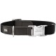 Schwarzes und braunes Hundehalsband mit silberner Metallschnalle (eingraviert 'HUNTER') und kleiner Metall-Logoplatte.
