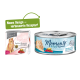 Two pet food products: a pink box "Moments Playtime" with tuna and mussels, and a blue can "Moments to enjoy" with a green banner.