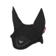 Schwarze gehäkelte Ohrhaube für Pferde mit spitzen Ohren, mit einem LeMieux-Logo und einem eleganten Design.