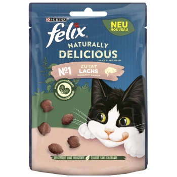 Verpackung für Katzensnacks mit einer verspielten schwarz-weißen Katze, mit dem Text "Felix Naturally Delicious" und "Zutat Lachs," der auf den Lachs-Geschmack hinweist.