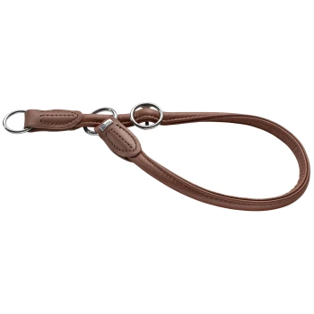 Braune Lederhundeleine mit silbernen Ringen und einem gepolsterten Griff, entworfen für Komfort und Haltbarkeit.