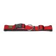 Rotes Hundehalsband mit schwarzer Schnalle und metallischem D-Ring, das ein kleines grün-gelbes "HUNTER"-Logoschild trägt.