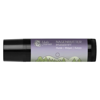 Yuki cares Nasenbutter Pflege-Stick, ein 5 ml Tiernasenbalsam in einer pinken Tube mit schwarzen Akzenten.