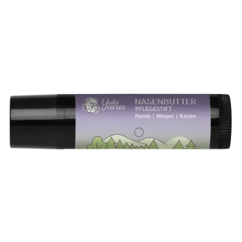 Yuki cares Nasenbutter Pflege-Stick, ein 5 ml Tiernasenbalsam in einer pinken Tube mit schwarzen Akzenten.