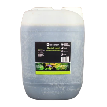 Behälter mit Huminfilt Flüssigkeit von Silbermann, 5000 ml, für die Aquariennutzung; enthält Dosierungsanweisungen und Vorteile für Wasserpflanzen und Fische.