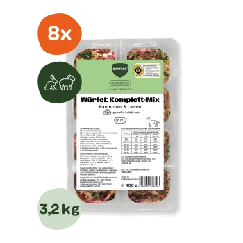 Schale mit BARFER'S Complete Würfeln: Komplett‑Mix Kaninchen & Lamm Rohfutterwürfel (Mini), 8×, 3,2 kg