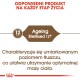 Etykieta produktu dla karmy dla zwierząt, z napisem 'Ageing Sterilised 12+' dla kotów w wieku 12+, z informacjami o umiarkowanym poziomie tłuszczu dla optymalnej masy ciała.