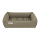 Ein gemütliches, rechteckiges Haustierbett in einem weichen taupe Farbton mit gepolstertem Kissen, mit einem "Doctor Bark"-Logo an der Seite.