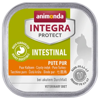 Puszka karmy dla zwierząt Animonda Integra Protect Intestinal z zieloną i pomarańczową etykietą, mówiąca "Hoch verdaulich" i "Pute Pur." Odpowiednia dla ostrej biegunki.