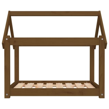 Holzrahmen für ein Haustierbett mit einem hausförmigen Design, das eine Lattenbasis und ein warmes braunes Finish aufweist.