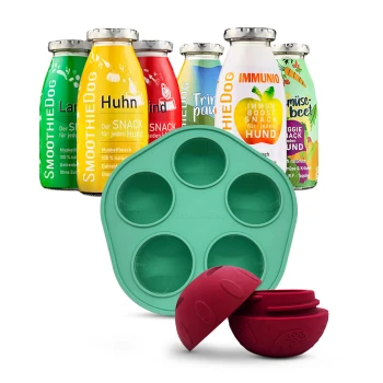 Flaschen mit SmoothieDog Hundesnacks in verschiedenen Geschmacksrichtungen hinter einer grünen pfotenförmigen Form und einem roten Leckerli-Spender-Spielzeug.