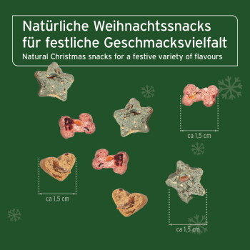 Natürliche Weihnachtsleckereien in festlichen Formen (Sterne und Herzen) auf grünem Hintergrund, mit Text in Deutsch und Englisch.