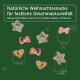 Natürliche Weihnachtsleckereien in festlichen Formen (Sterne und Herzen) auf grünem Hintergrund, mit Text in Deutsch und Englisch.