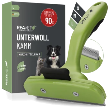 Grünes Haustierpflegewerkzeug mit einem Griff, das entwickelt wurde, um das Haaren um bis zu 90% zu reduzieren. Die Verpackung zeigt einen Hund und eine Katze, beschriftet mit 'Unterwoll Kamm'.