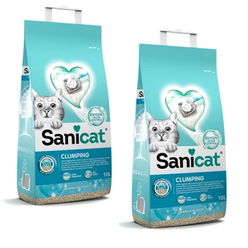 Zwei 10L Taschen Sanicat Klumpstreu mit einem hellblauen Design, mit einer Katzen-Grafik und dem Text "Sauerstoffgeruchskontrolle."