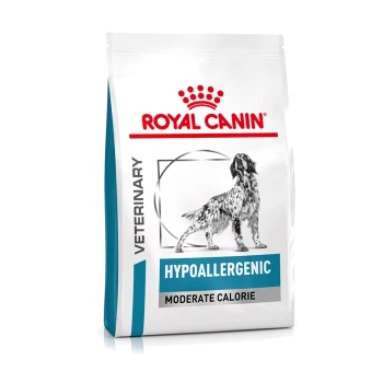 Royal Canin Hypoallergenic dog food bag, featuring a black and white dog illustration, labeled "Moderate Calorie" and "Veterinary."