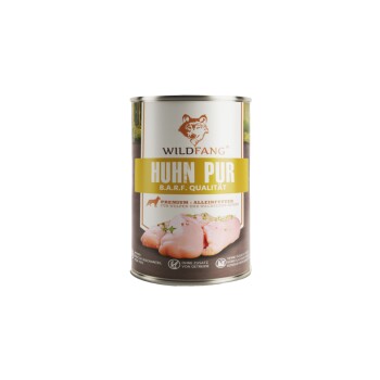 Dose Wildfang "Huhn Pur" B.A.R.F.-Qualität Hundefutter, Etikett zeigt rohe Hühnerstücke und den Text "WILDFANG" "HUHN PUR".
