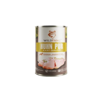 Dose Wildfang "Huhn Pur" B.A.R.F.-Qualität Hundefutter, Etikett zeigt rohe Hühnerstücke und den Text "WILDFANG" "HUHN PUR".