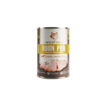 Dose Wildfang "Huhn Pur" B.A.R.F.-Qualität Hundefutter, Etikett zeigt rohe Hühnerstücke und den Text "WILDFANG" "HUHN PUR".