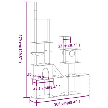 Diagramm eines großen Katzenbaums, der 279 cm hoch und 166 cm breit ist, mit mehreren Plattformen, einer Schüssel und einem geschlossenen Raum.