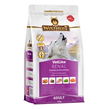 Adult VetLine Renal, Huhn 2 kg "2 kg WOLFSBLUT VetLine RENAL Hundefuttertüte mit einem Wolf, der gegen Berge heult; enthält Huhn und Süßkartoffeln zur Nierenunterstützung."