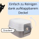 Graue Katzentoilette mit weißer Oberseite und Frontklappe, Katzenmotiv; Text: 'Einfach zu reinigen dank aufklappbarem Deckel' 'Drücken!'