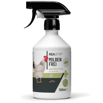 Eine Sprühflasche mit der Aufschrift 'REAVET MILBEN FREI', die eine Hühnergrafik zeigt, entwickelt zur Bekämpfung von Milben und Parasiten, 500ml, hergestellt in Deutschland.